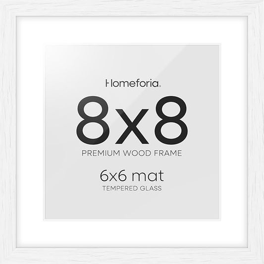 Homeforia 8x8 Picture Frames White, High-End Oak 8 x 8 Square Wood Frame with Mat 6 by 6 Photo, 8x8 Wooden Frames Matted to 6x6 Print, 8by8 Wall or Tabletop Frame, Tempered Glass, Wall Kit, Set of 1