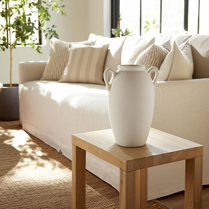 Sagebrook Home Stoneware Vase with Handles Ceramic Rustic for Flowers - Home Decor for Living Room, Bedroom, Office - Textured Pottery Accent for Floral Arrangements - 13" White