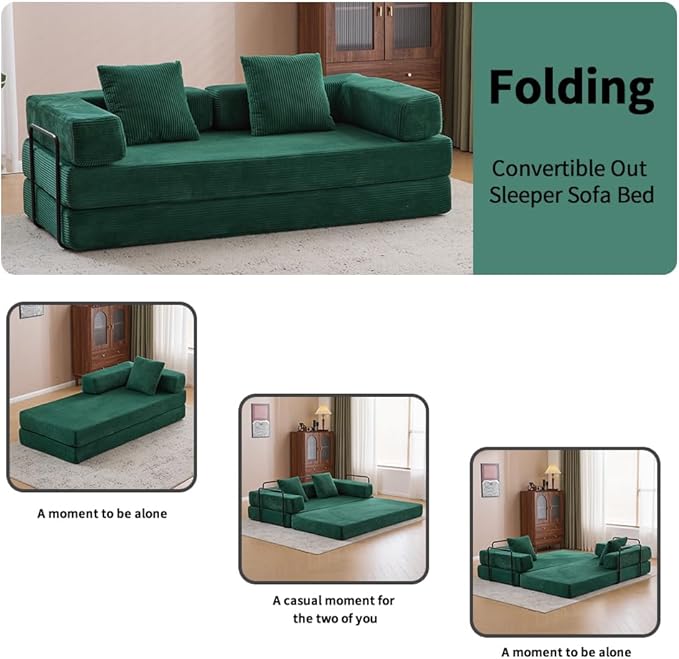 Convertible Folding Mattress Couch, Floor Sofa Bed with Fixed-Shape Frame, Corduroy Floor Sofa with Armrest, Floor Sofa Lounge Couch for Living Room Bedroom Lounge Studio-Emerald Green