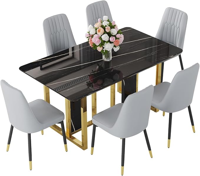 TesNus 63" Black Dining Table Set for 6 with Chairs,Modern Faux Marble Rectangular Kitchen Table and Chairs Set Luxury 7 Piece Dining Room Set with Gold Metal Legs,Easy Assemble,Stable Base