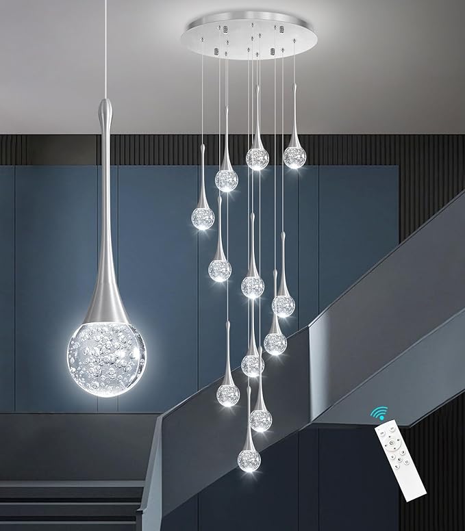 118 inches Modern Glam Crystal Chandelier for High Ceiling LED Dimmable Ceiling Pendant Light Staircase Foyer Enterway Living Room Chandelier Lighting Brushed Nickel 12 Lights