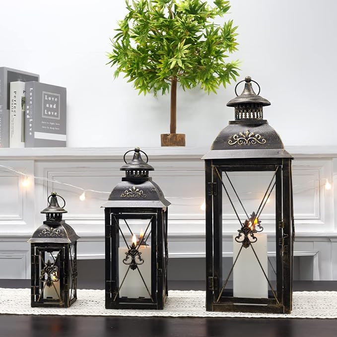 TRIROCKS Set of 3 Decorative Hanging Lantern 19'' High Vintage Metal Candle Holder with Tempered Glass Perfect for Living Room Garden Yard Patio Parties Events Indoors Outdoors (Black)