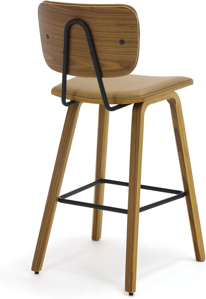 Counter Height Bar Stools, PU Leather Upholstered Barstools with Backs, Bent Wood Legs, 26 Inch Seat Height, Mid Century Modern Counter Stools for Kitchen Island, Brown