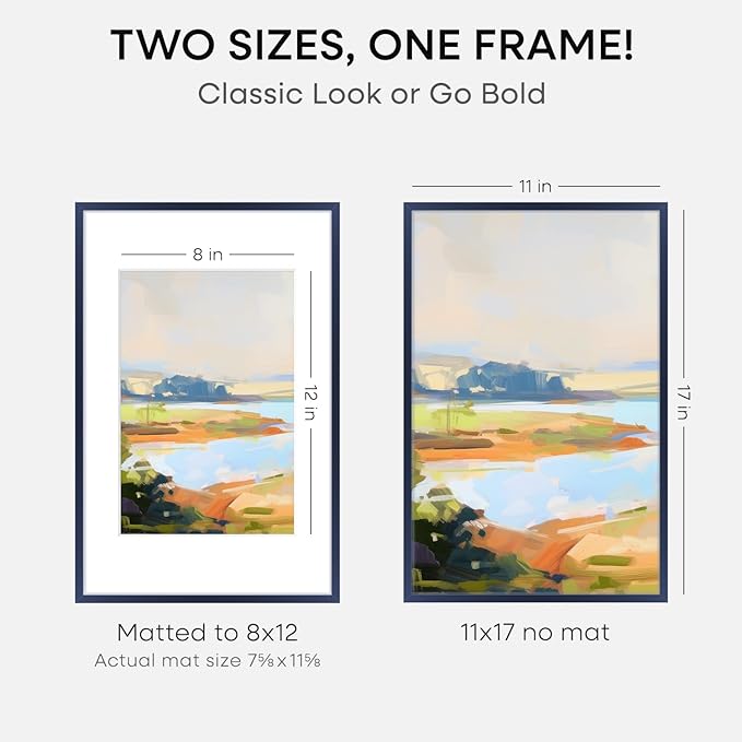 Homeforia 11x17 Picture Frame Navy Blue, High End Metal 11x17 Poster Frames with Mat 8x12 Photo, 11 x 17 Navy Blue Frames Matted to 8 by 12 Print, 17x11 Thin Frames, Tempered Glass, Wall Kit, Set of 1