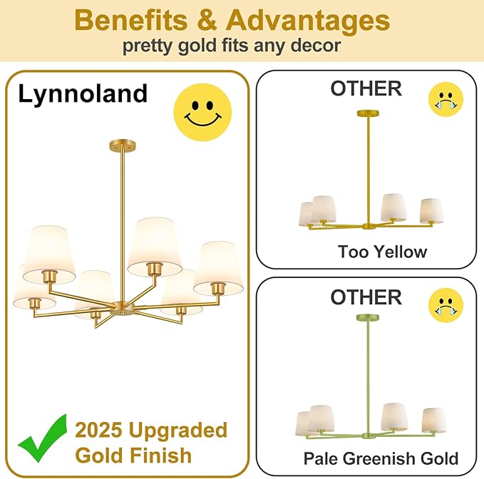 36" Gold Chandelier for Dining Room Light Fixture (6-Light, 36-Inch), Adjustable Linear Gold Dining Room Chandelier with White Fabric Shade, Linear Pendant Light Fixture for Kitchen Bulb Not Included