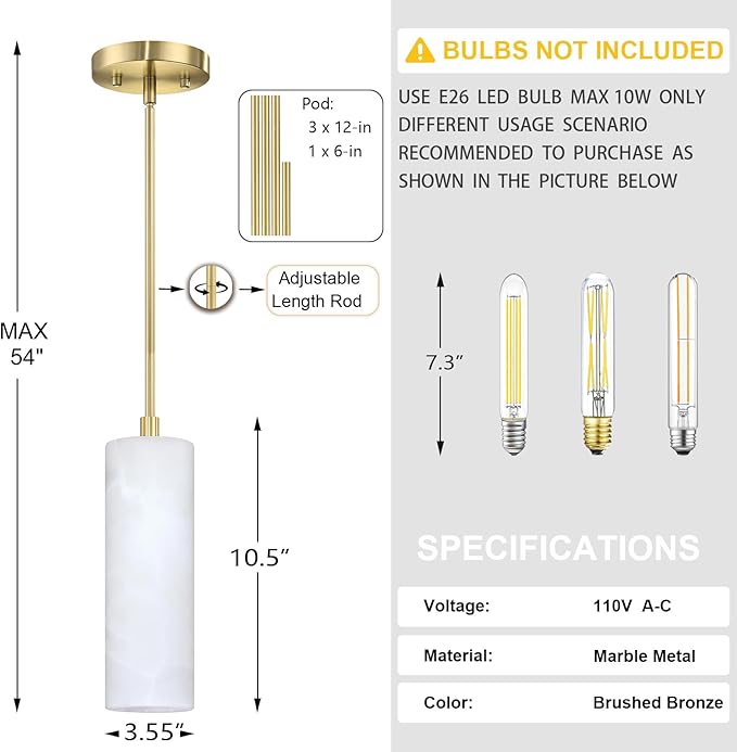 1 Light Modern Industrial Farmhouse Hanging Kitchen Island Pendant Ceiling Light Fixture,Cylinder Natural Alabaster Marble Brushed Bronze Finish Over Sink Restaurant bar Corridor