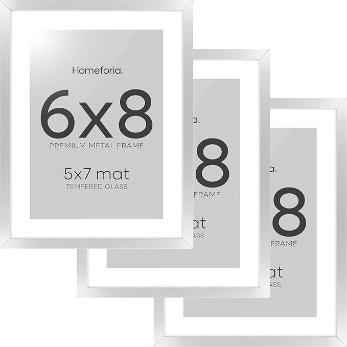 Homeforia Silver Photo Frame 6x8, High End Metal 6 x 8 Silver Picture Frames with Mat 5 x 7, 6by8 Desk Frame Matted to 5x7 inch Art, 6 by 8 Wall or Tabletop Frames, Tempered Glass, Wall Kit, Set of 3