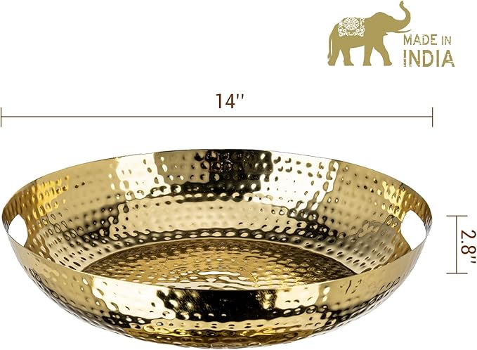 MyGift 14 Inch Deluxe Decorative Dish Tray Centerpiece Base, Brass Tone Plated Hammered Aluminum Fruit Bowl Serving Platter with Cutout Handles - Handcrafted in India