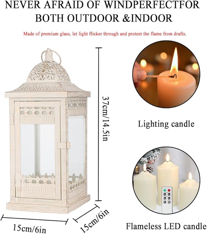 JHY DESIGN 6 Pack Decorative Candle Lanterns 14.5" High Vintage Style Hanging Lantern Metal Candleholder for Indoor Outdoor Events Parties and Weddings（Beige with Gold Brush）