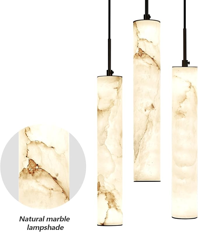 LMQNINE Natural Alabaster Pendant Lights for Kitchen Island White Marble Long Tube Chandelier Modern Black Ceiling Light Fixtures for Bedroom Dining Room Table Living Room Hallway(Y-3Light-Crackle)