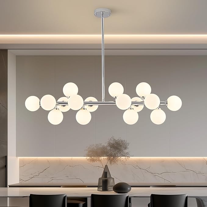 Glass Globe Sputnik Chandelier, 16-Light Mid Century Modern Light Fixture Over Table, Linear Chandeliers for Dining Room, Kitchen Island, Chrome and Milk White Bubble, 40 Inch, GC-02