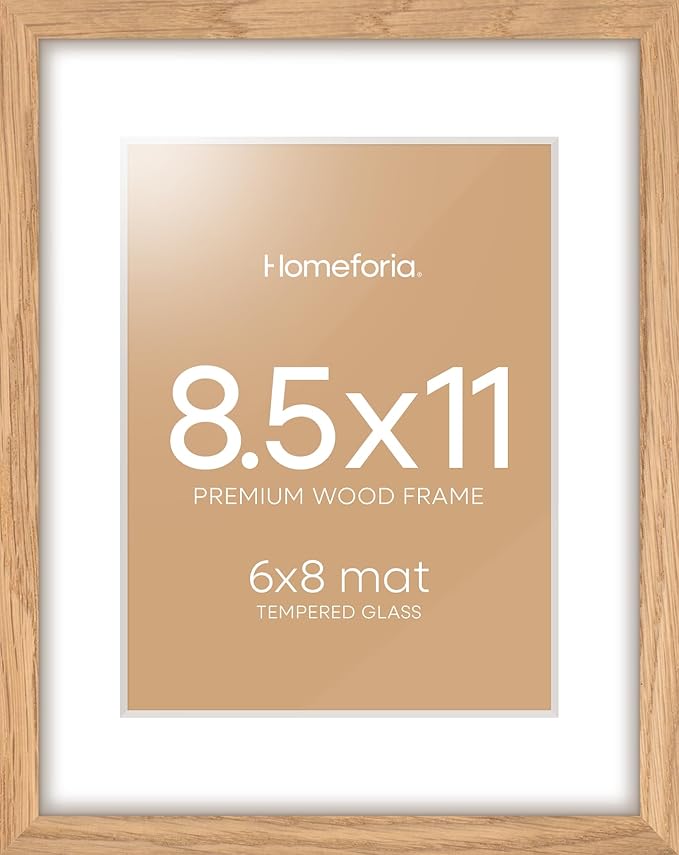 Homeforia 8.5 by 11 Picture Frame Wood, High End Natural Oak 8.5x11 Light Wooden Frames with Mat 6x8 inch Photo, 8.5 x 11 Wall or Tabletop Frame Matted to 6 x 8 Art, Tempered Glass, Wall Kit, Set of 1