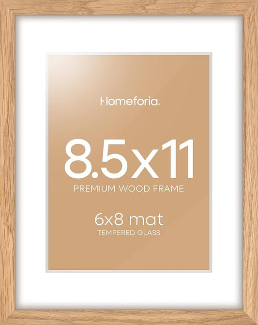 Homeforia 8.5 by 11 Picture Frame Wood, High End Natural Oak 8.5x11 Light Wooden Frames with Mat 6x8 inch Photo, 8.5 x 11 Wall or Tabletop Frame Matted to 6 x 8 Art, Tempered Glass, Wall Kit, Set of 1