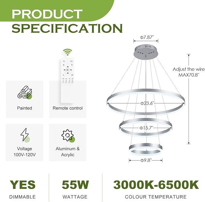 3-Rings D23.6 Modern LED Chandelier Silver Dimmable Pendant Lighting with Remote Control Circular Flush Mount High Ceiling Light for Dining Room Living Room Bedroom Entrance Foyer, 3000K-6500K
