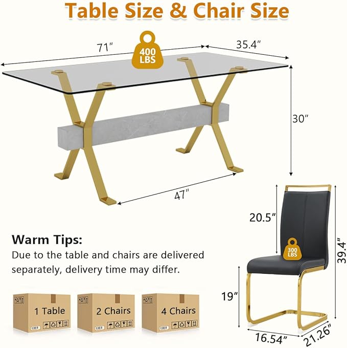 7 Piece Glass Dining Table Set, Kitchen Table Chairs Set for 6, 71'' Dining Table with 0.4" Tempered Glass Tabletop with Plated Metal Legs and MDF Crossbar, 6 PU Chairs for Dining Room, Kitchen.