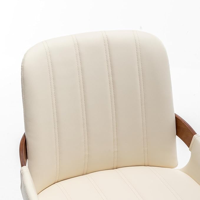 Mid Century Modern Faux Leather Upholstered Dining Chairs,Armless Accent Chairs with Sturdy Natural Wood Legs,Bamboo Backrest Support for Kitchen&Dining Room Chairs(1PCS,Beige)