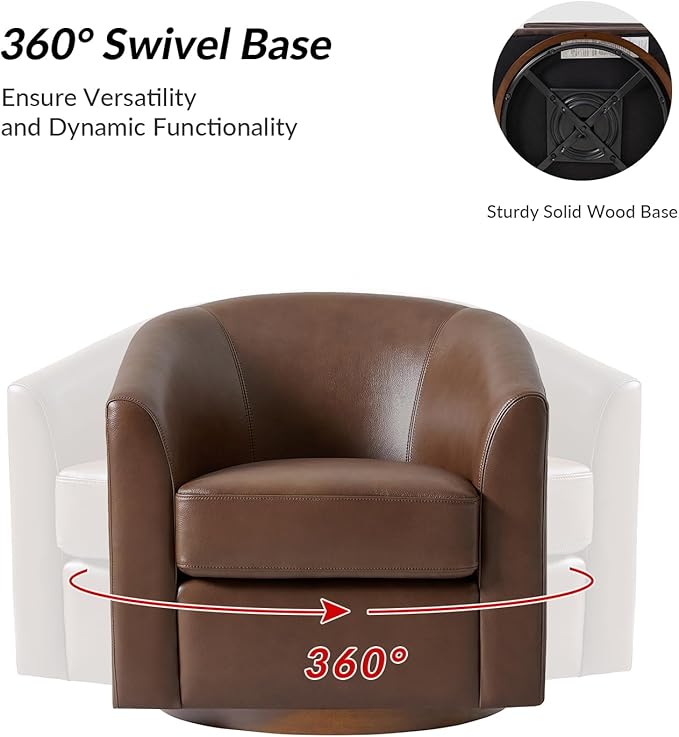 HULALA HOME Genuine Leather Swivel Accent Chair with Solid Wood Base, Round Swivel Barrel Chair for Living Room and Bedroom, Brown