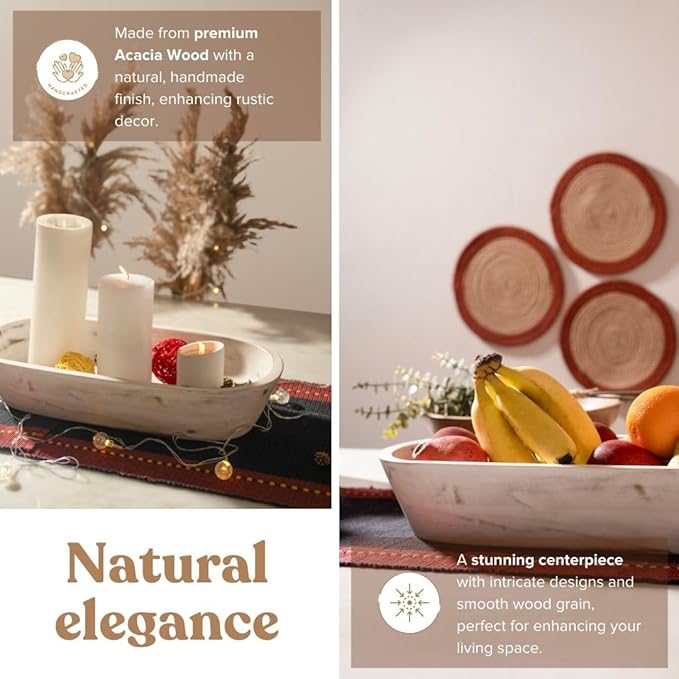 Luxe Designs Wooden Dough Bowl - Rustic White Acacia Wood - Handmade Decorative Bowls for Home Decor, Bathroom, Kitchen Counter, & More - Rustic Large Wood Dough Bowl for Decor, Cosmetics, and Keys