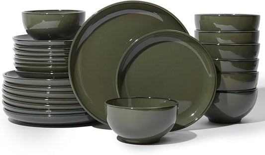 24 Piece Dinnerware Set for 8, Santorini Mist Terracotta Plates and Bowls Sets, Complete Stoneware Dish Set for Large Families and Entertaining, Microwave & Dishwasher Safe, Blackish Green
