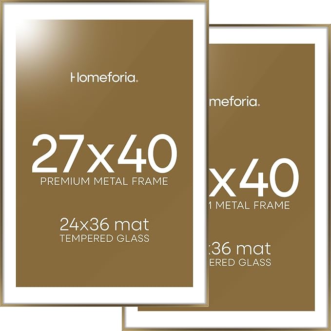 Homeforia 27x40 Picture Bronze Frame, High End Metal 27 x 40 Large Poster Frames with Mat 24 by 36 Photo, 27x40 Brass Movie Frame Matted to 24x36, 40x27 Thin Frames, Tempered Glass, Wall Kit, Set of 2