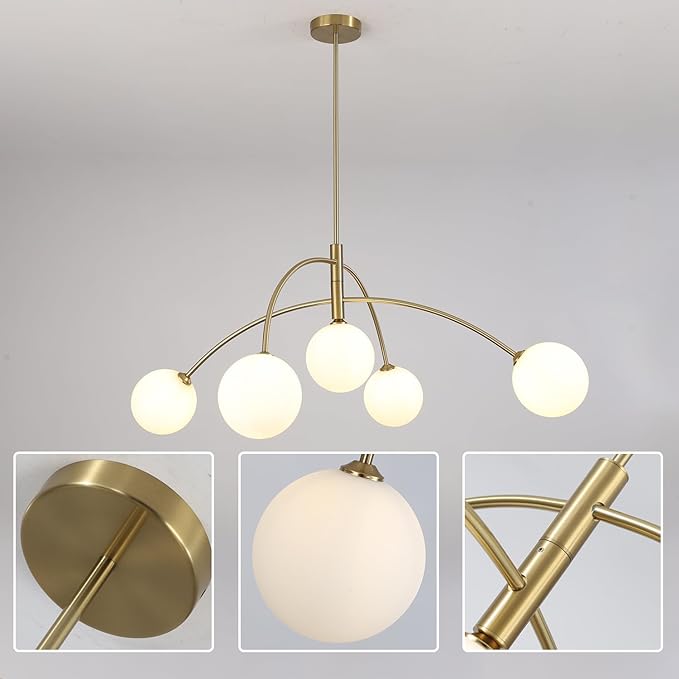 Contemporary Gold Ceiling Light 5-Light Glass Globe Lights Mid Century Modern Sputnik Chandelier for Dining Room Kitchen Bedroom Lighting Fixture