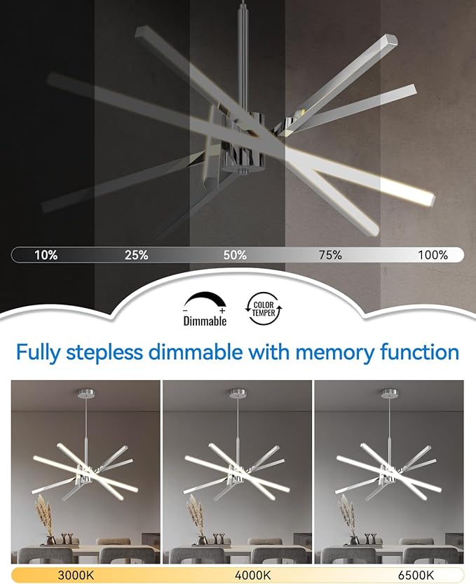 Modern Sputnik Chandelier Ceiling 82W LED Chrome Pendant Light Embedded Mount Chandeliers Dining Room Light Fixtures Over Table Dimmable with Remote Control for Living Room Kitchen Bedroom (Chrome)