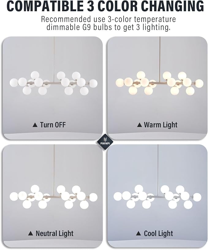 Glass Globe Sputnik Chandelier, 16-Light Mid Century Modern Light Fixture Over Table, Linear Chandeliers for Dining Room, Kitchen Island, Nickel and Milk White Bubble, 40 Inch, GC-02