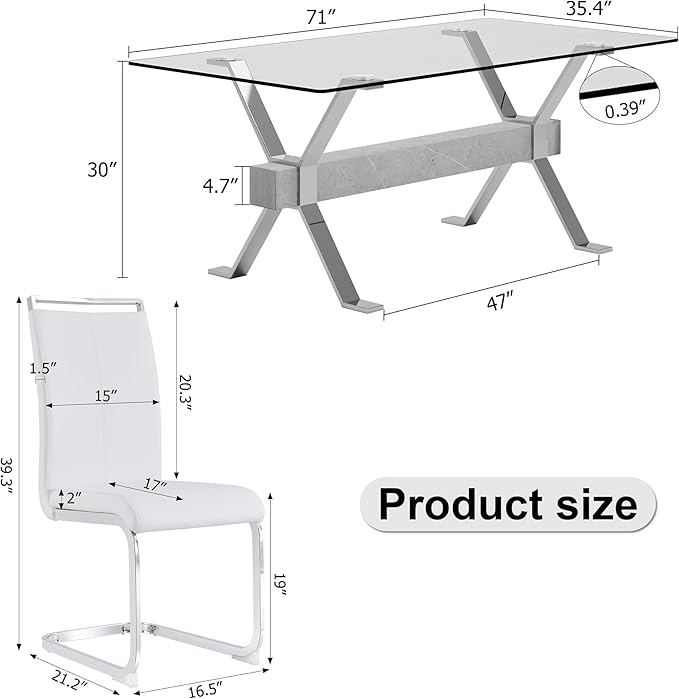 9 Piece Glass Dining Table Set, Kitchen Table Chairs Set for 8, 71'' Dining Table with 0.4" Tempered Glass Tabletop with Plated Metal Legs and MDF Crossbar, 8 PU Chairs for Dining Room, Kitchen.
