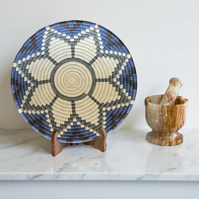 Handwoven African Basket Handmade sisal Fruit Bowl Wall Hanging decorative Baskets for Home Living Room Kitchen Centerpiece Zen Designs Arts and Crafts (Royal Blue Floral, 8in diameter)