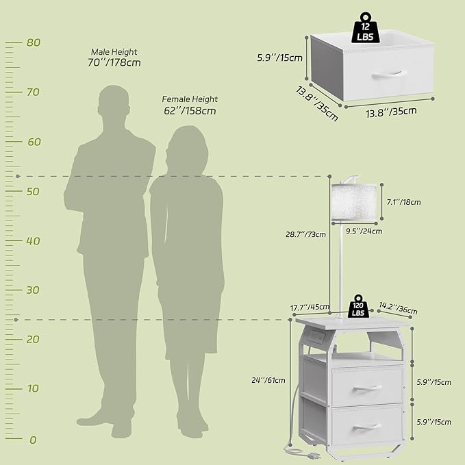 Floor Lamp with Table, End Tables with Lamps Attached 3-Color Temperature Bulb, Side Table with Lamp with 2 Drawers & Charging, Lamps Tables Combo for Bedroom, Dorm, Apartment - White