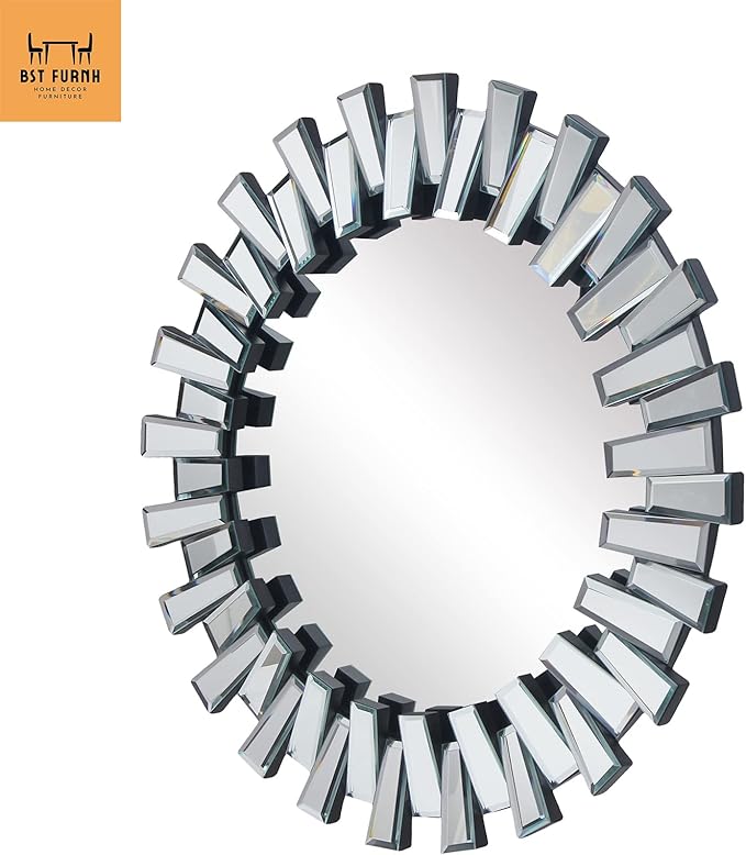 BST FURNH Round Mirror Wall Decor 24 Inches Decorative Wall Mirror with Irregular Framed and Beveled Edge Mirrors for Wall Silver Large Wall Mirror Frameless Mirrors