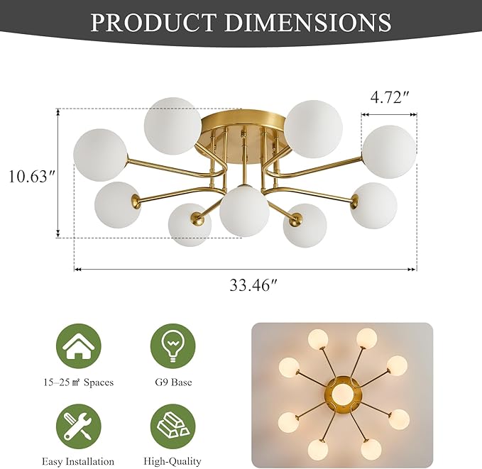Semi Flush Mount Ceiling Light Fixture,Modern Gold Globe Sputnik Chandeliers 9-Light Mid Century Milk Glass Chandelier for Dining Room,Kitchen Island,Bedroom,Living Room,Entryway,Foyer,33 Inch