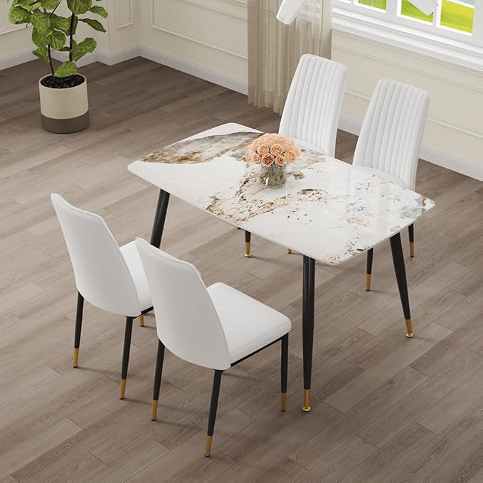 5 Pieces Modern Sintered Stone Dining Table Set 50" Rectangular Faux Marble Tabletop Kitchen Table with 4 PU Leather Chair Dinner Table Set(1Faux Marble Table+4 Cream White Chairs)