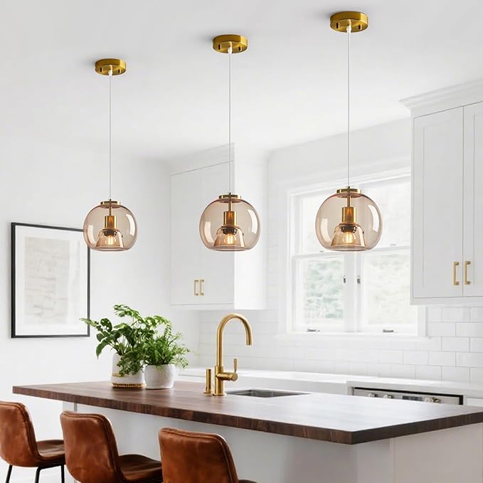 Light Coffee Glass Pendant Lights Kitchen Island Gold Hanging Light Fixture Glass Globe Pendant Light Modern Pendant Lighting for Kitchen Island Bedroom Dining Room (7.87", 3 Pack)