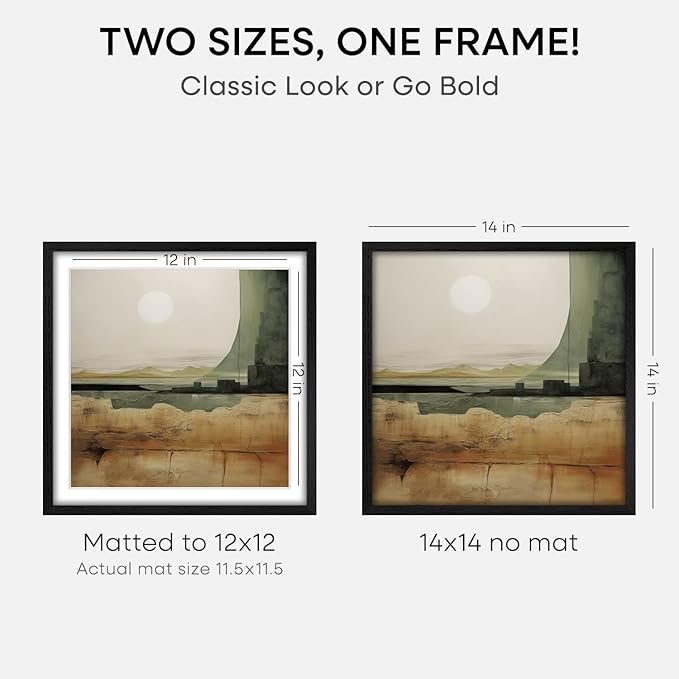 Homeforia 14x14 Black Wood Frame, High End Oak 14 x 14 Square Picture Frames with Mat 12 by 12 inches Photo, 14by14 Black Wooden Poster Frames Matted to 12x12 Print, Tempered Glass, Wall Kit, Set of 1