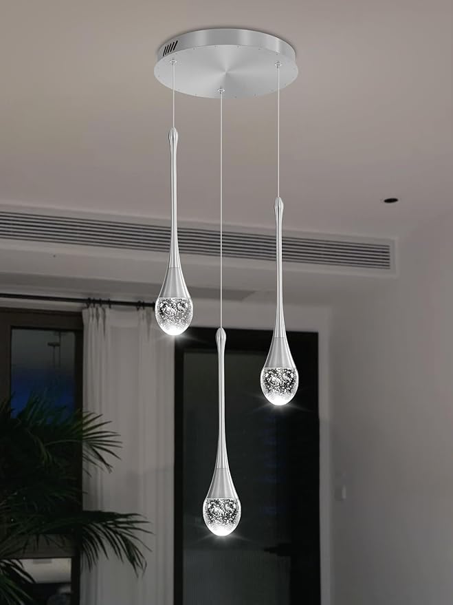 Pendant Lights Kitchen Island 3-Lights Silver Crystal Chandelier for Dining Room Hallway Stairwell,LED Dimmable 2700K-6000K