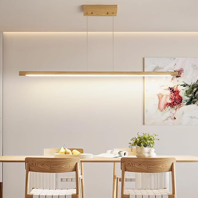 Wooden Linear Pendant Light, 47" Dimmable Pool Table Island Lights for Kitchen, LED Ceiling Pendant Lamp for Dining Room Billiard Room, Adjustable Height，Natural Ash