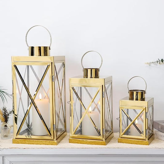 TRIROCKS Gold Stainless Steel Lantern Set of 3-Square Elegance 8/12/16 Inch Opulent Metal Candle Lanterns Candle Holder with Tempered Glass for Home Garden Indoor Outdoor Decor Celebratory Everyday
