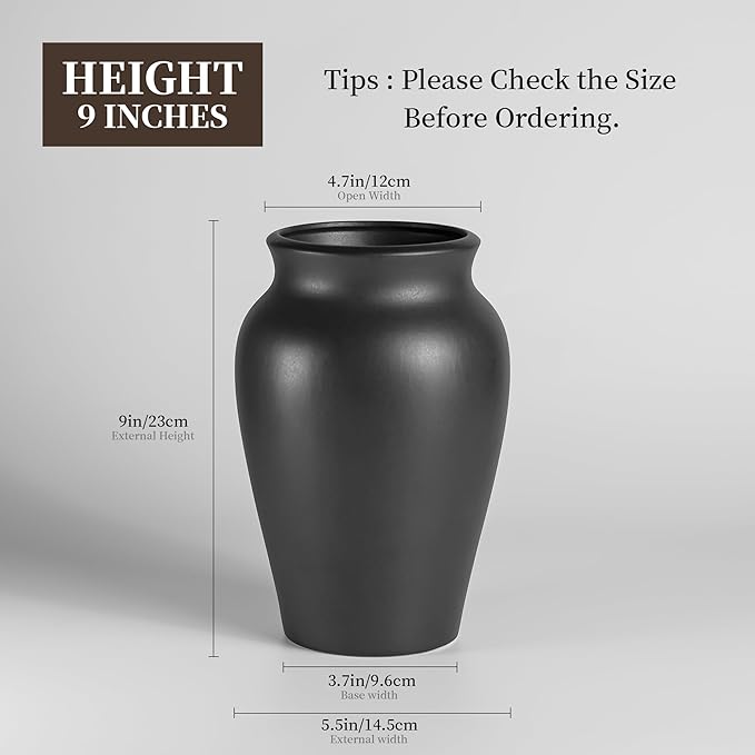 Ceramic Black Vase Home Decor, 9 Inch Wide Mouth Pottery Vase, Vintage Farmhouse Boho Neutral Terracotta Rustic Decor for Living Room, Entryway, Floor, Mantel Decoration
