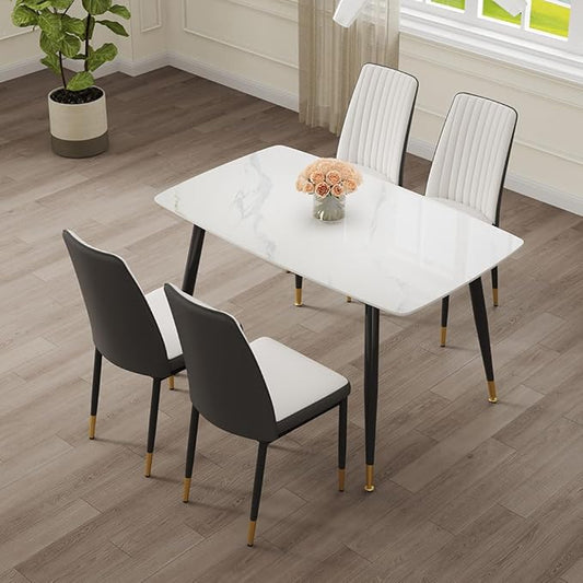 50" White Sintered Stone Dining Table Set for 4 Modern Faux Marble Dining Table with 4 Upholstered PU Leather Chair Dining Room Table Set for Kitchen Apartment(1White Table+4White &Gray Chairs)