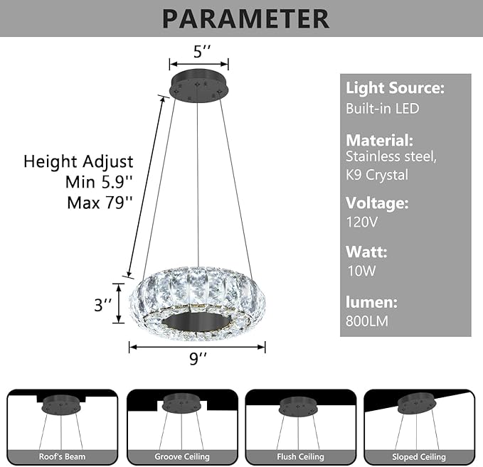 8" Ring Modern LED Dimmable Crystal Chandelier Adjustable Height Pendant Light Round Crystal Chandelier Light Fixtures for Dining Room Living Room Kitchen Island Black