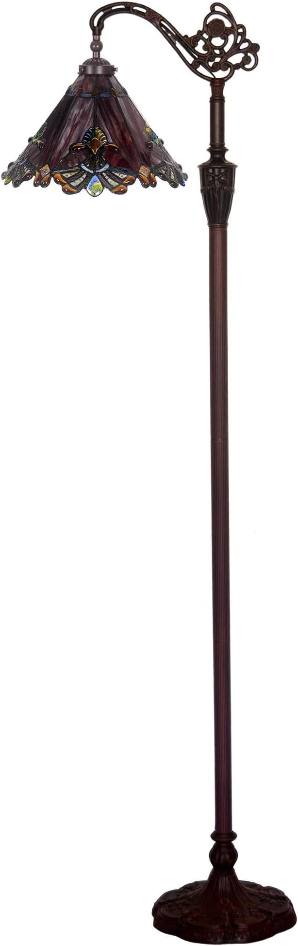 Bieye L10681 Baroque Tiffany Style Stained Glass Reading Floor Lamp with 13 Inch Wide Handmade Lampshade, Metal Base with Dark Brown Baking Finish, Red, 65 Inch Tall