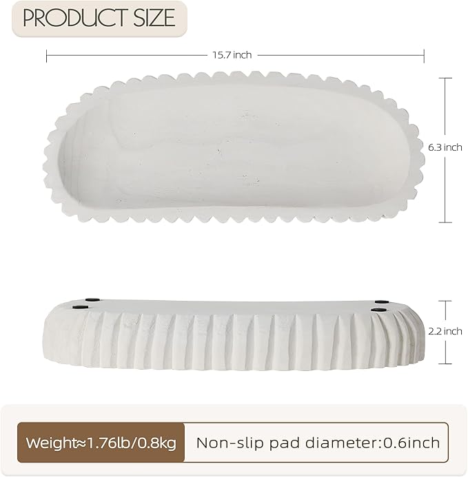 Oakrain Wooden Decorative Bowl, Dough Bowl for Home Decor, 16" Table Centerpiece Bowl with Hand Carved Vertical Stripes for Farmhouse Boho Rustic Style, White