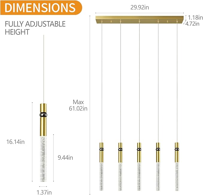 5 Light Pendant Lighting Dining Room Light Fixture Dimmable LED Modern Gold Pendant Light with Bubble Crystal Pendant Lights Kitchen Island