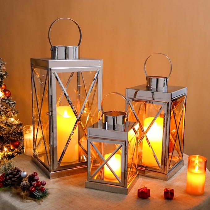 TRIROCKS Silver Stainless Steel Lantern Set of 3-Square Elegance 8/12/16 Inch Opulent Metal Candle Lanterns Candle Holder with Tempered Glass for Home Garden Indoor Outdoor Decor Celebratory Everyday