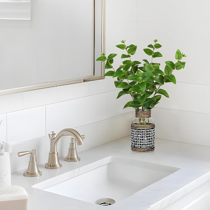 Artificial Eucalyptus Stems in Glass Vase with Faux Water, 14” Realistic Eucalyptus Leaves Fake Plant Branch Greenery Decoration for Home Farmhouse Bathroom Kitchen Wedding Centerpiece Table Décor