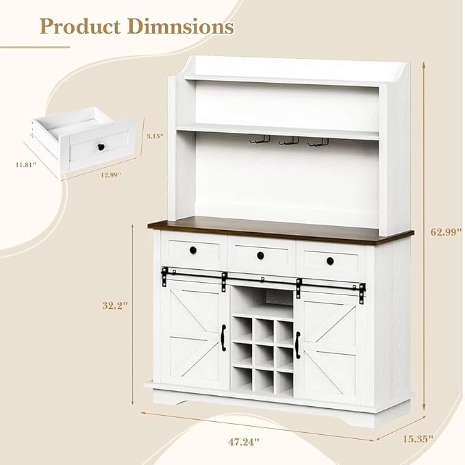 63 Inch Coffee Bar Cabinet with 3-Tier Storage, Kitchen Storage Cabinets with 3 Drawers, Farmhouse Coffee Bar with 9 Racks, 3 Glass Holders, Wine Bar for Living Dining Room, White