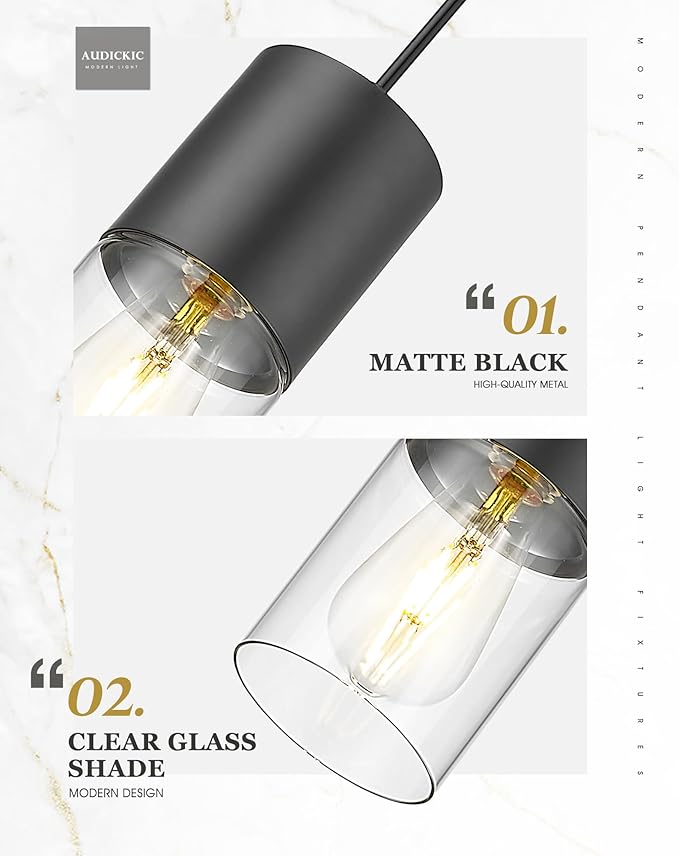 2-Pack Pendant Lights Kitchen Island, Matte Black Hanging Lights Fixtures with Cylinder Clear Glass, Modern Kitchen Pendant Lighting Over Island for Dining Room, AD-24023-1P2-BK