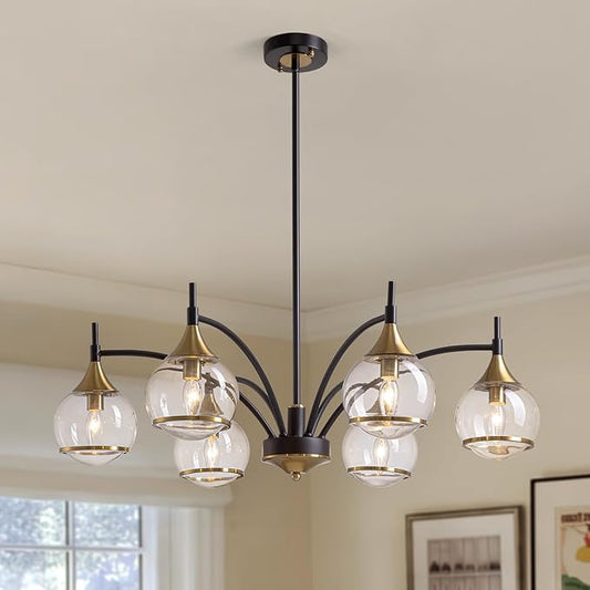 6 Light Modern Dining Room Light Fixtures Over Table 33.8" Black and Gold Chandelier with Globe Glass Bubble Shade Mid CenturySputnik Chandeliers for Dining Room，Living Room,Kitchen