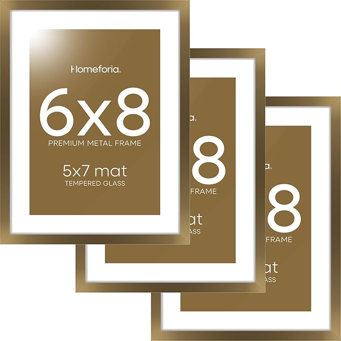 Homeforia 6x8 Picture Frame Bronze, High End Metal 6 x 8 Brass Frames with Mat 5 x 7 for Art, 6x8 Desk Frame Matted to 5x7 inch Photo, 6 by 8 Wall or Tabletop Frame, Tempered Glass, Wall Kit, Set of 3